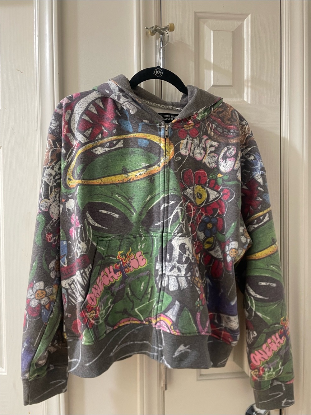 Graphic Zip-Up Hoodie with Green Alien Print